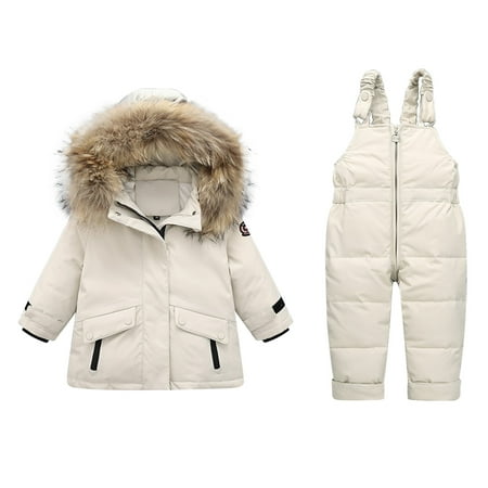 

Odeerbi Toddler Winter Coat Kids Boys Girls Outerwear Jackets Baby Polka Dot Printing Thickened Down Jacket Strap Pants Two-piece Suit Beige