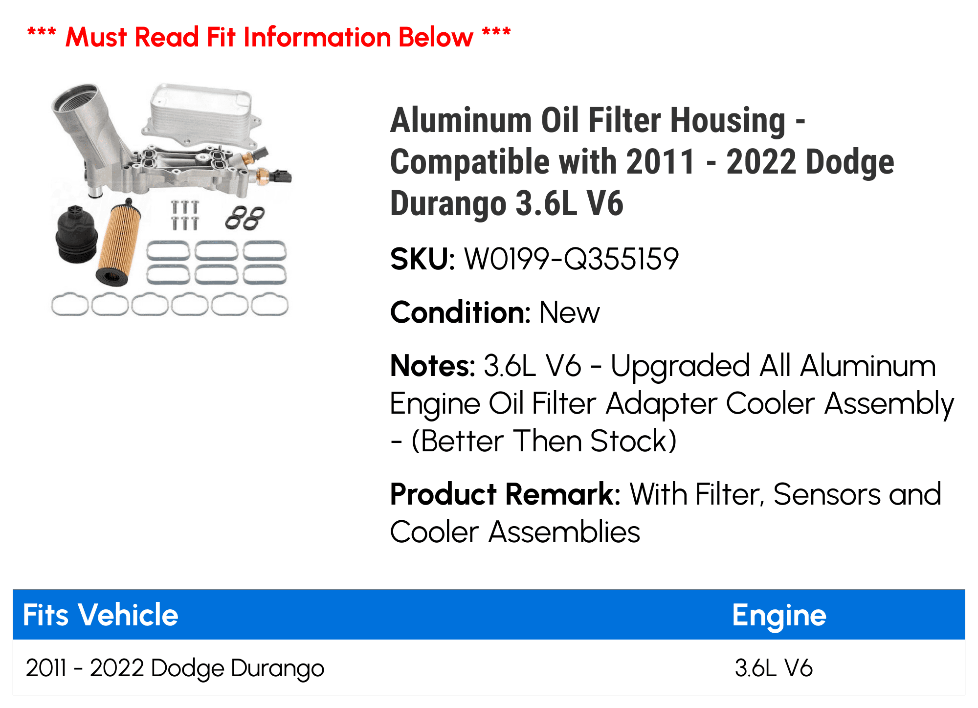 Aluminum Oil Filter Housing - Compatible with 2011 - 2022 Dodge Durango 3.6L V6 2012 2013 2014 2015 2016 2017 2018 2019 2020 2021