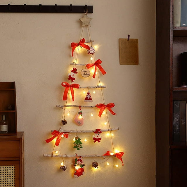 Árbol de Navidad iluminado en la pared, decoración navideña con luz Led, decoración en forma de árbol con Papá Noel y campanas para la habitación y el hogar