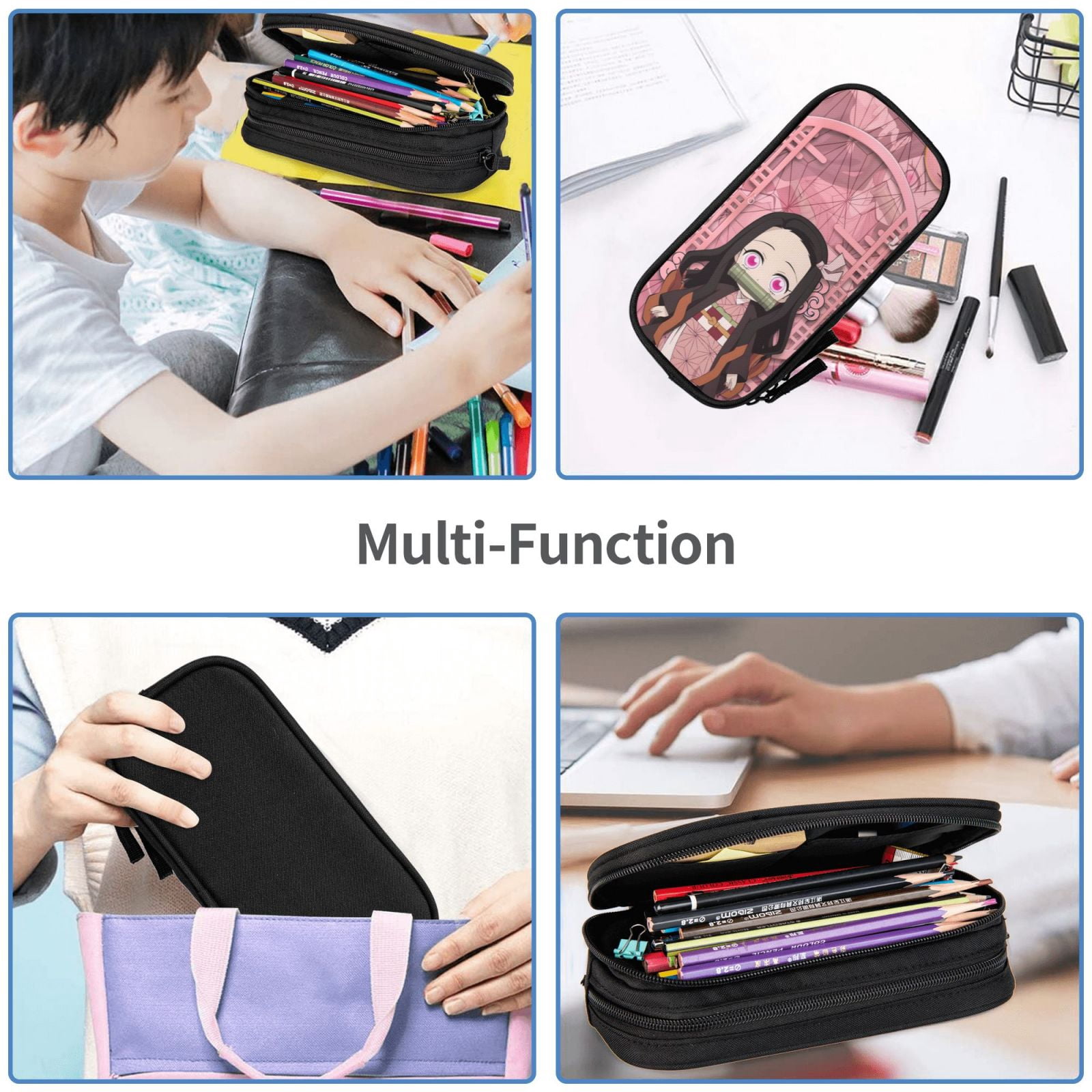 Kamado Nezuko Pencil Case Large Capacity Pencil Pouch Pen Bag Office Stationery Organizer Travel Makeup Bag Black