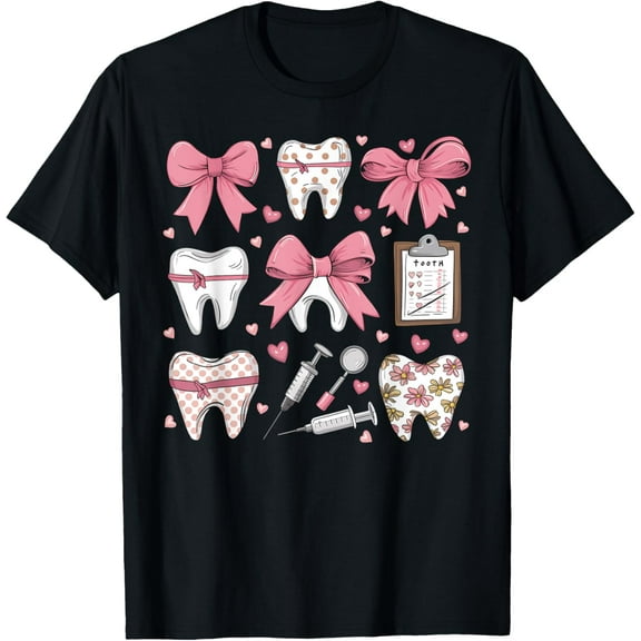 Pink Coquette Bow Cute Teeth Dentist Squad Dental Assistant T-Shirt Casual Short Sleeve Shirt