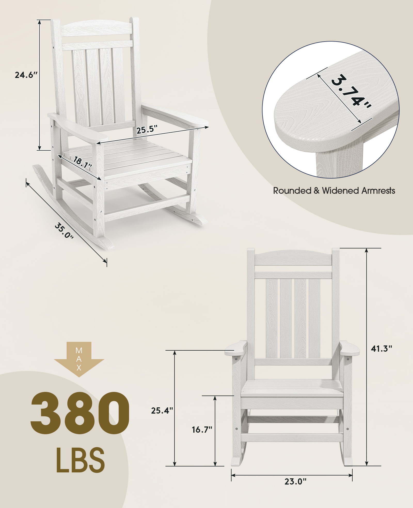 KINGYES Outdoor Rocking Chair Set of 2, HDPE Patio Rocking Chair, Heavy Duty Front Porch Rocker, White