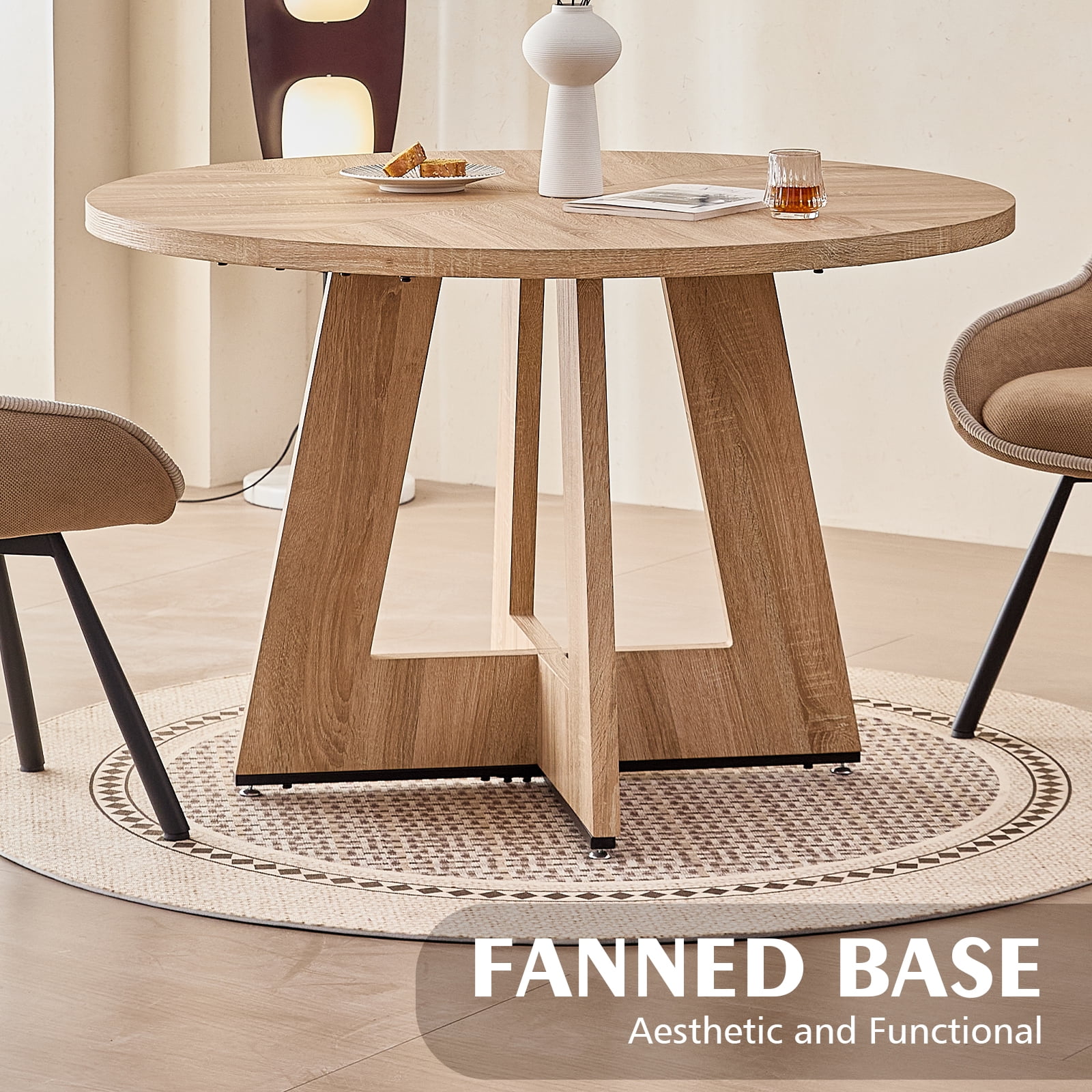 47 inch Round Dining Table, Farmhouse Circle Kitchen Table, Large Wood Dinner Table for 4, Wooden Pedestal Dinning Table for Dining Room, Mid Century Modern Style, Natural