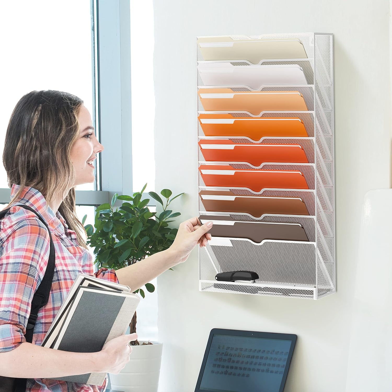 INTIGE 10-Tier Hanging Wall File Holder for Papers, Desktop Magazine Organization for Office, White