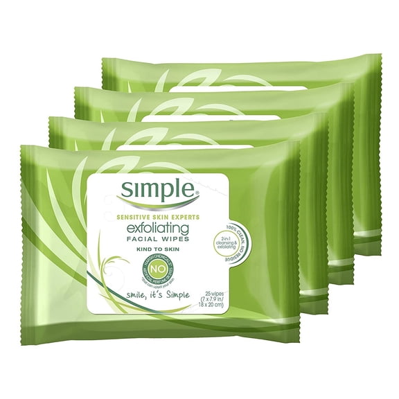 Simple Kind to Skin Cleansing Wipes Gentle and Effective Makeup Remover Exfoliating Free from color and dye, artificial perfume and harsh chemicals, 25 Count Pack of 4