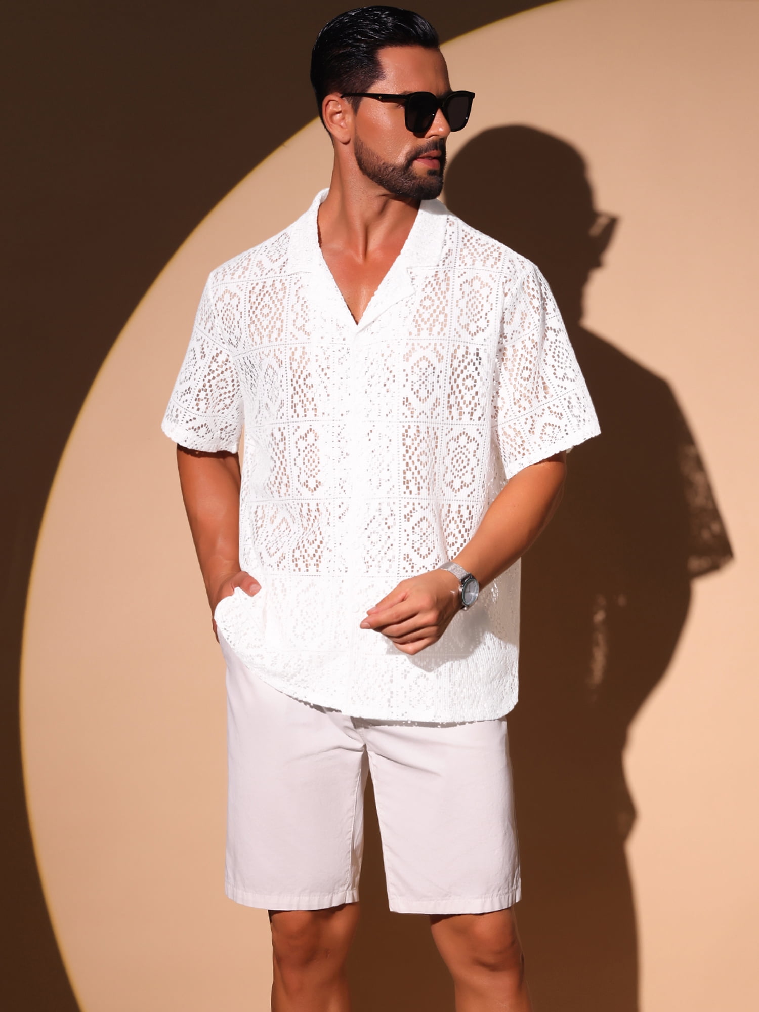 DARING DIVA Men's Hollow Lace Button Down Short Sleeve See Through Mesh Shirts S White