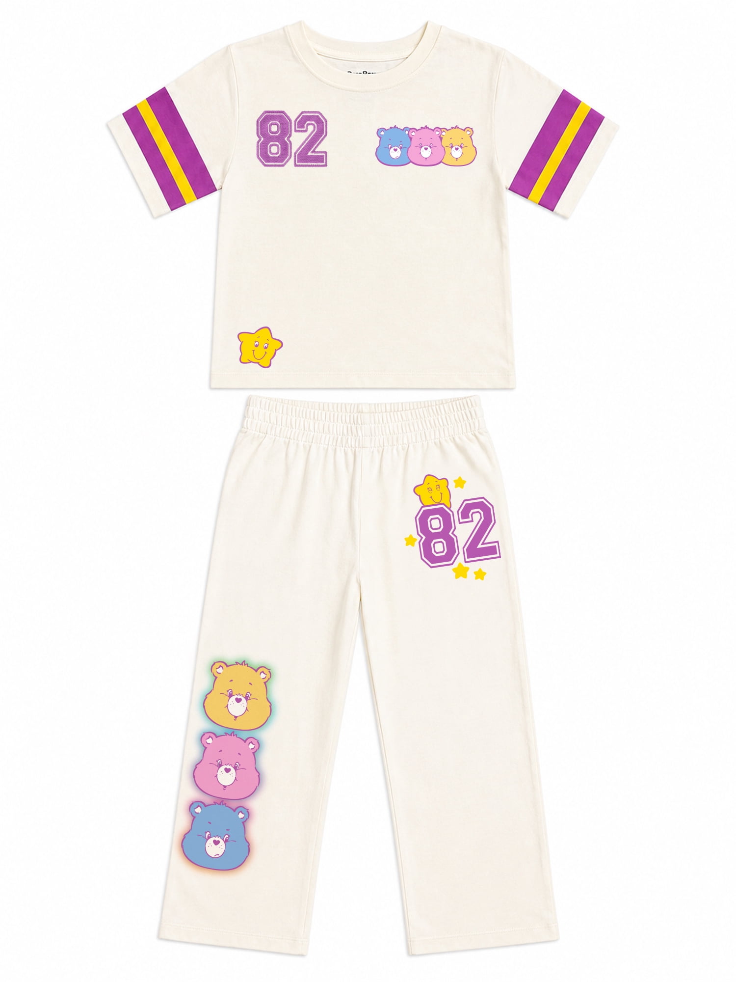 Care Bears Girls' Athletic Front & Back T-shirt with Embroidery & Straight Leg Fleece Pants, 2-Piece, Sizes 4-16