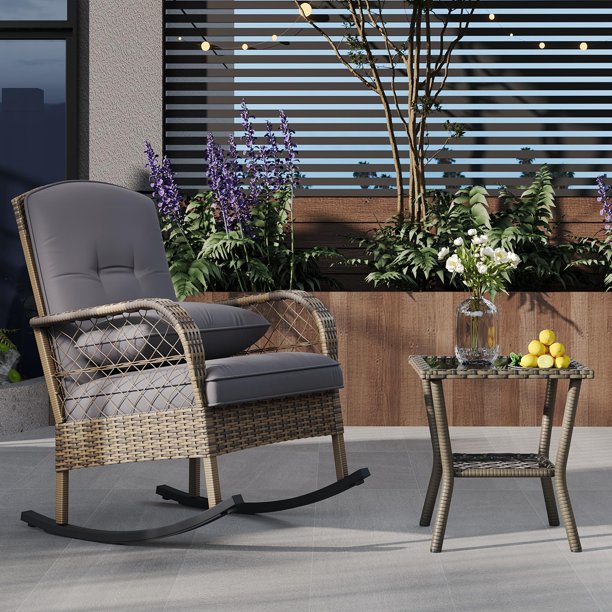 Silla mecedora de exterior Silla de jardín de ratán resistente a la intemperie – Diseño ergonómico, estructura de acero, cojín gris grueso – Marrón ratán + cojín gris, 1 pieza – Ideal para patio