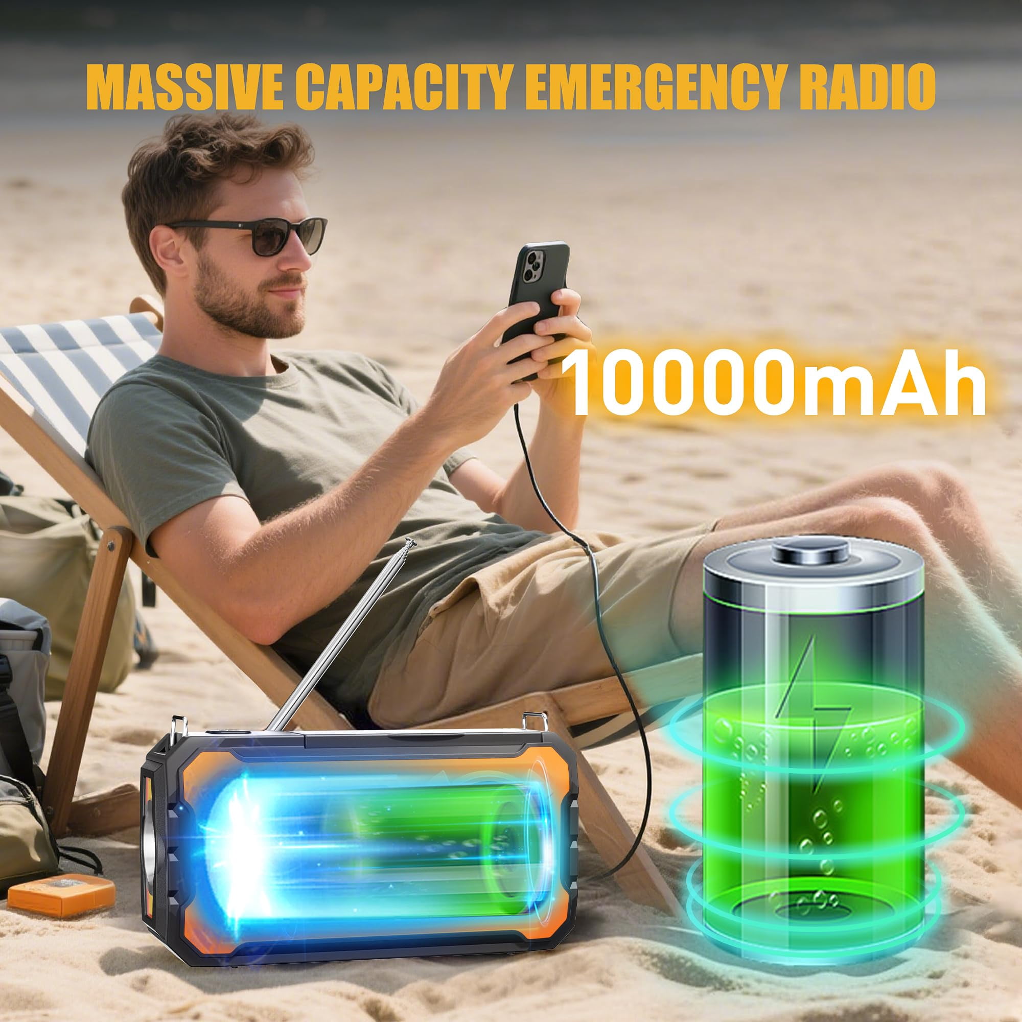 Hand Crank Emergency Radio  10000mah Weather With Am/fm/noaa Solar Prower Sos Alarm Phone Charging Led Flashlight Portable Gear For Outdoor & Home Emergencies Kits Orange