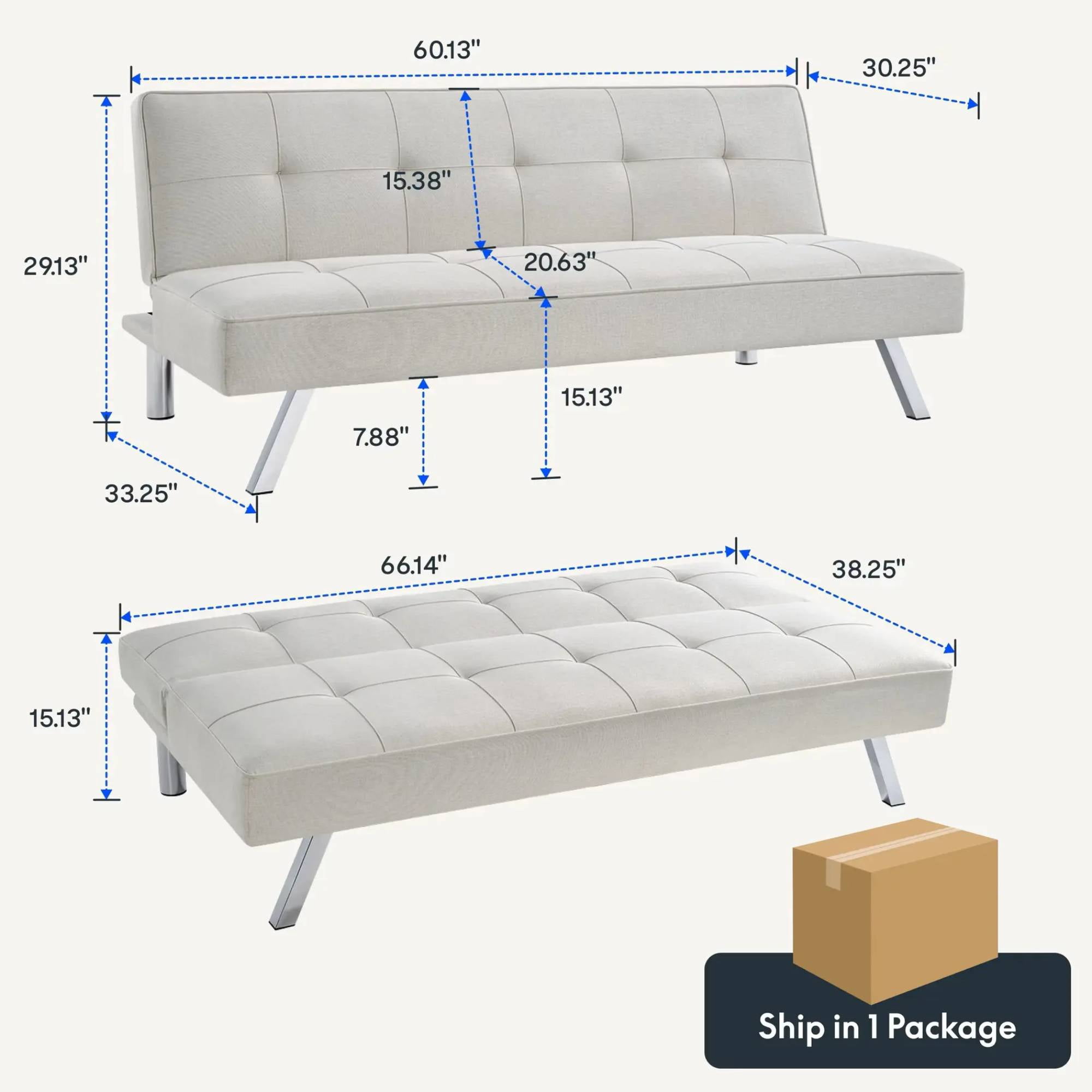 66" Futon Sofa Bed, 3-in-1 Convertible Sleeper Couch Bed for Small Spaces, Tufted Back Loveseat for Living Room, Beige