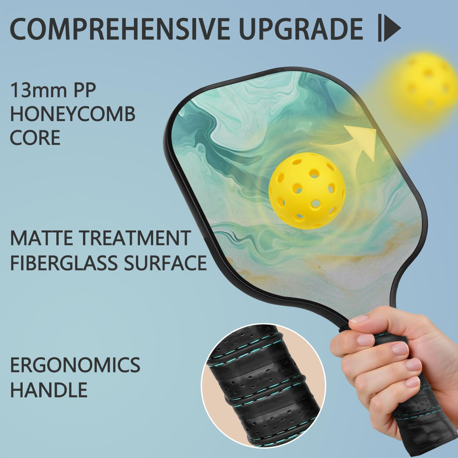 Pickleball Paddles Set Of 2, Fiberglass Surface, Turquoise Marble Pattern, 4 Balls & Bag