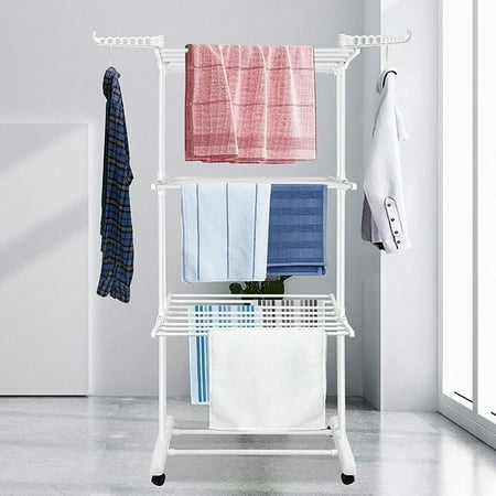 

Clothes drying rack 3-layer rolling foldable clothing stainless steel folding washing machine clothes rack track bracket with side wings and casters indoor (white)