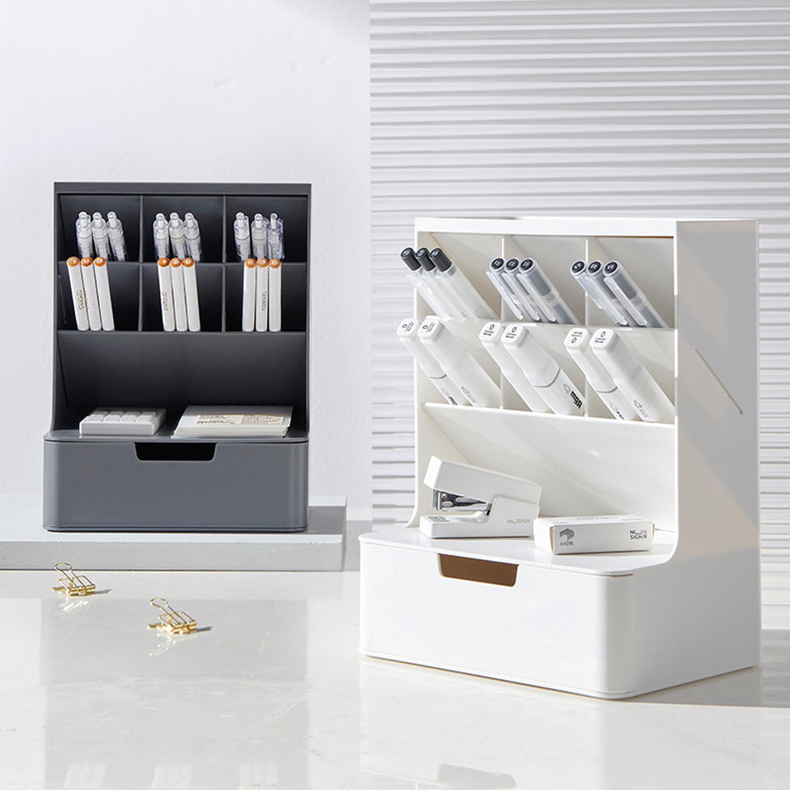Desktop Pen Organizer with Drawer Stacking Cosmetic Storage Holder Makeup Organizer for Bedroom Office Desk Pen Holder