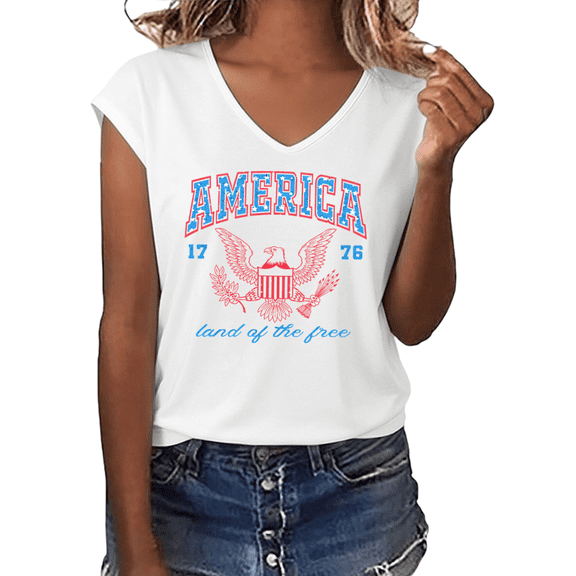 UNISHE Women's America 1776 Eagle Land Of The Free Graphic V-Neck Short Sleeve Patriotic Casual Holiday T-Shirt Top