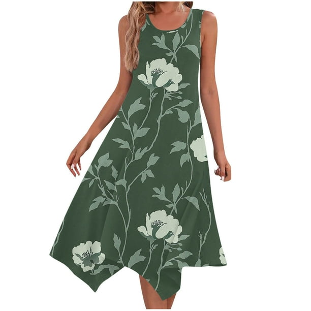 Ladies Summer Tops Impreso sin Mangas Cuello Redondo Vestido Casual para Uso Diario Y Casual