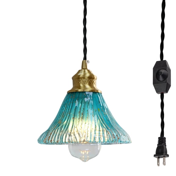 Kiven Plug in Pendant Light Equipped with Dimmable Lighting Cord（15ft）,Vintage Pendant Light Fixture w/Blue Glass Shade Hanging Mounted Pendant Light for Commercial,Bulb Not Included-1 Pack