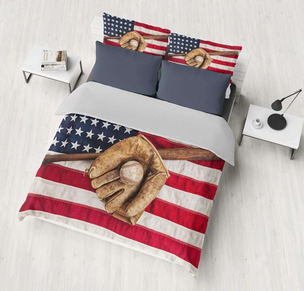 Vichonne 3D American Flag Baseball Comforter Sets Full Size Boys Sports Bedding