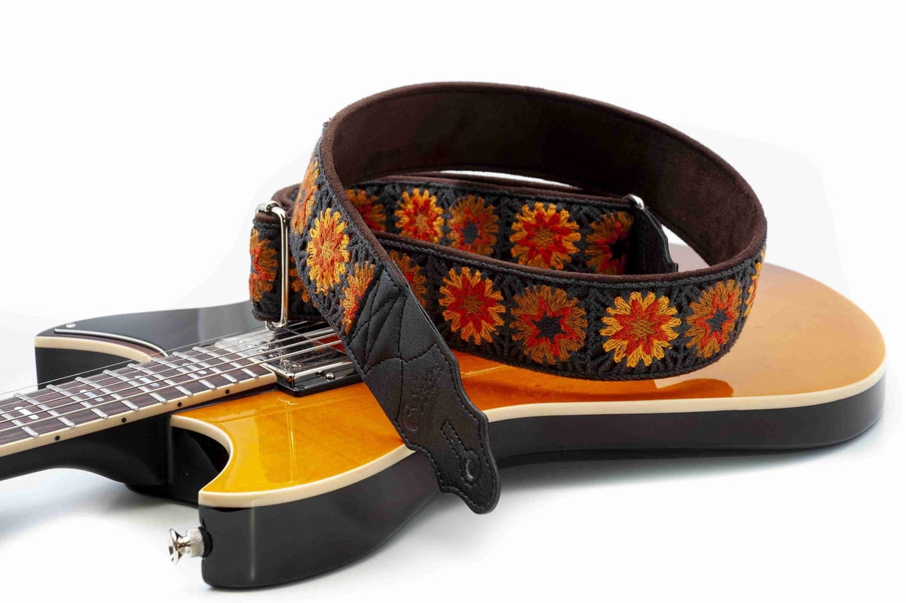 RightOn! Straps Crochet Guitar Strap | Vintage-Inspired Vegan Leather Strap - Brown