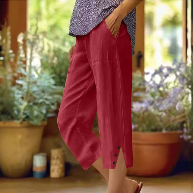 Soki Women's Linen Pants Casual Summer Capris Loose Fit Lightweight Drawstring Waisted Cropped Pants with Pockets