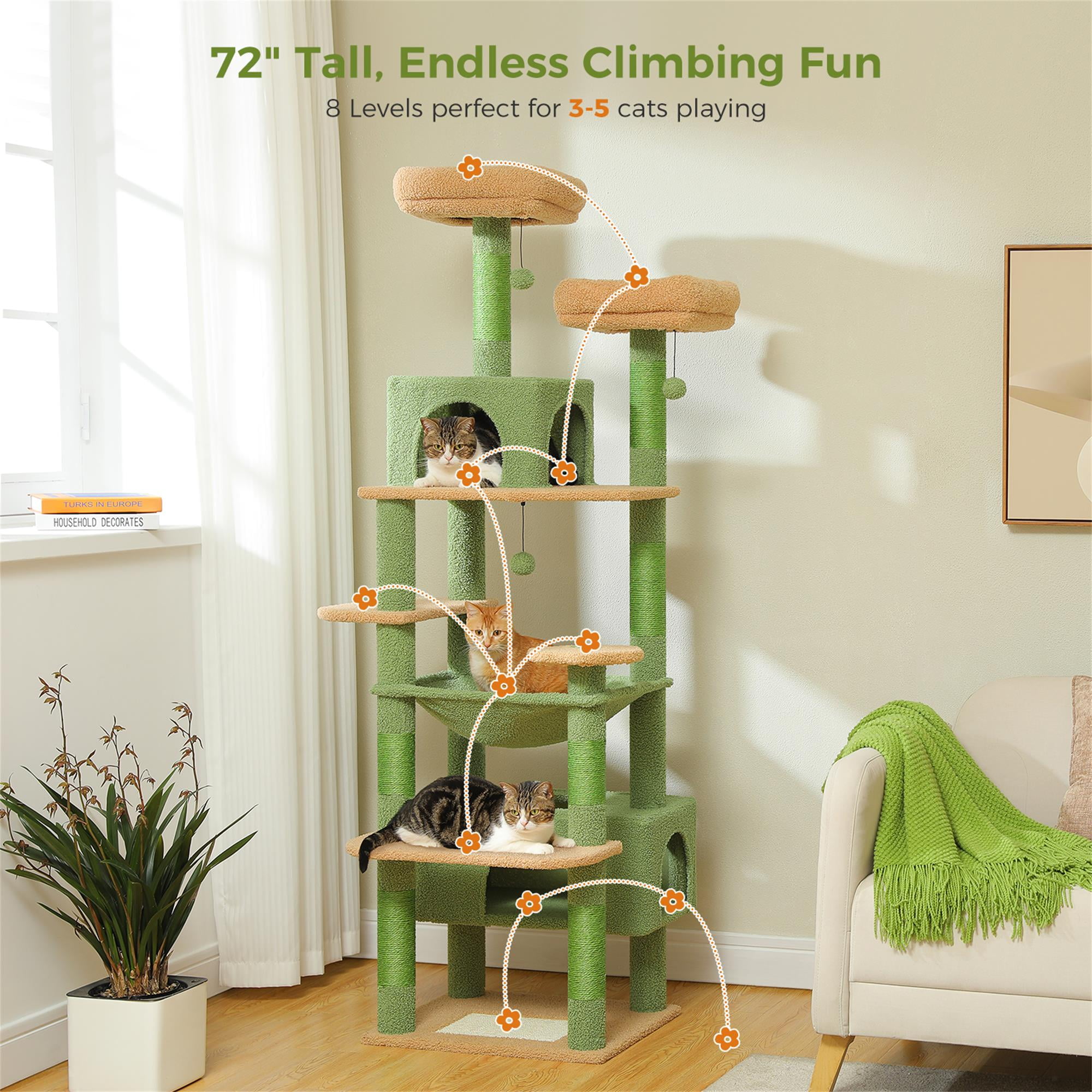 Pefilos 72" Cat Tree Tower for Large Cats, Indoor Cat Condo with Sisal-Covered Scratching Posts and Pads, 2 Padded Perch, Green Pefilos 72" Cat Tree Tower for Large Cats, Indoor Cat Condo with Sisal-Covered Scratching Posts and Pads, 2 Padded Perch, Green