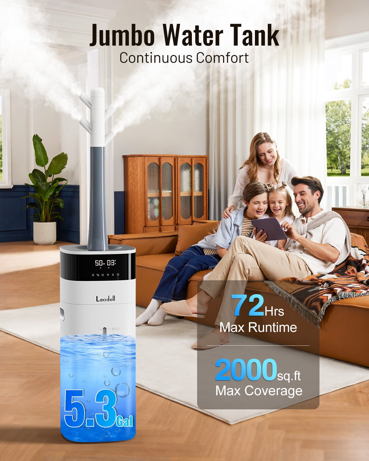Large Room Humidifier, Cool & Warm Mist, 20L/5.3Gal Whole House Humidifier with Essential Oil Diffuser, Extended Tube, Covers up to 2000 Sq ft White