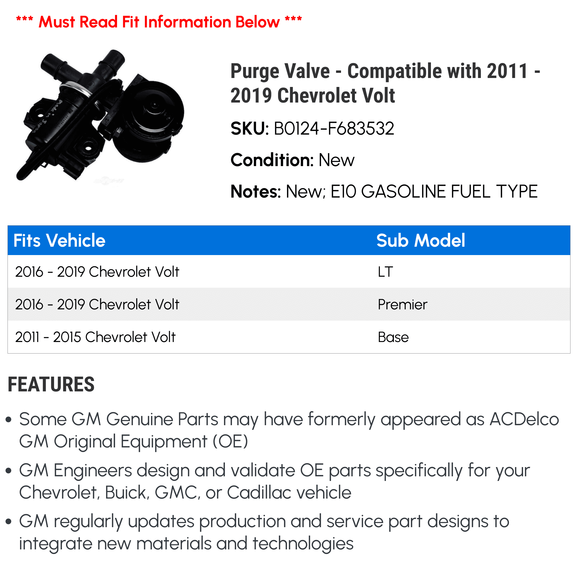 Purge Valve - Compatible with 2011 - 2019 Chevrolet Volt - AC Delco