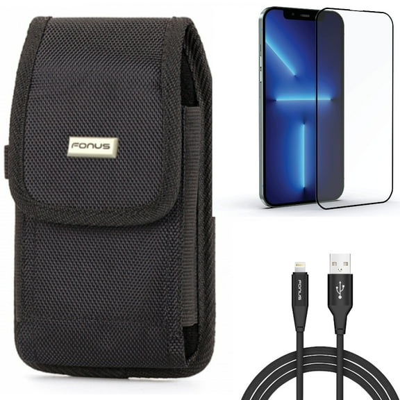 Screen Protector & Case Belt Clip & 6ft USB Cable for iPhone 13 Pro Max ONLY - Anti-Glare Tempered Glass Matte   Swivel Holster Rugged   Charger Cord Power Wire Combo