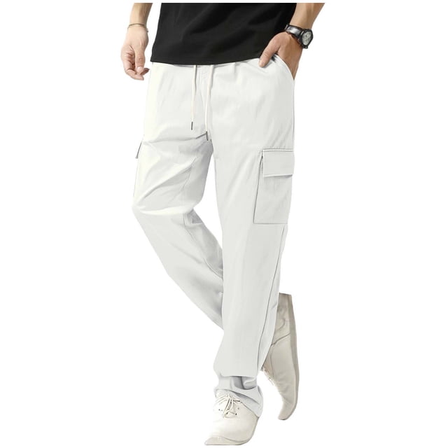 Cargo Pants for Men, Solid Color Pocket Elastic Waist Casual Fashion Trousers for Spring Summer
