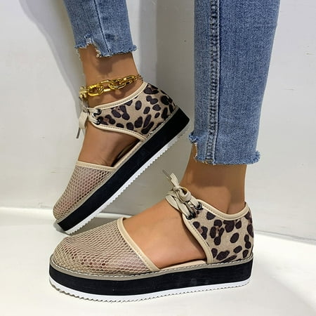 

〖Yilirongyumm〗 Beige 42 Sandals Women Fashion Casual Breathable Shoes Leopard-Print Lace-Up Flats Sandals Women s Sandals