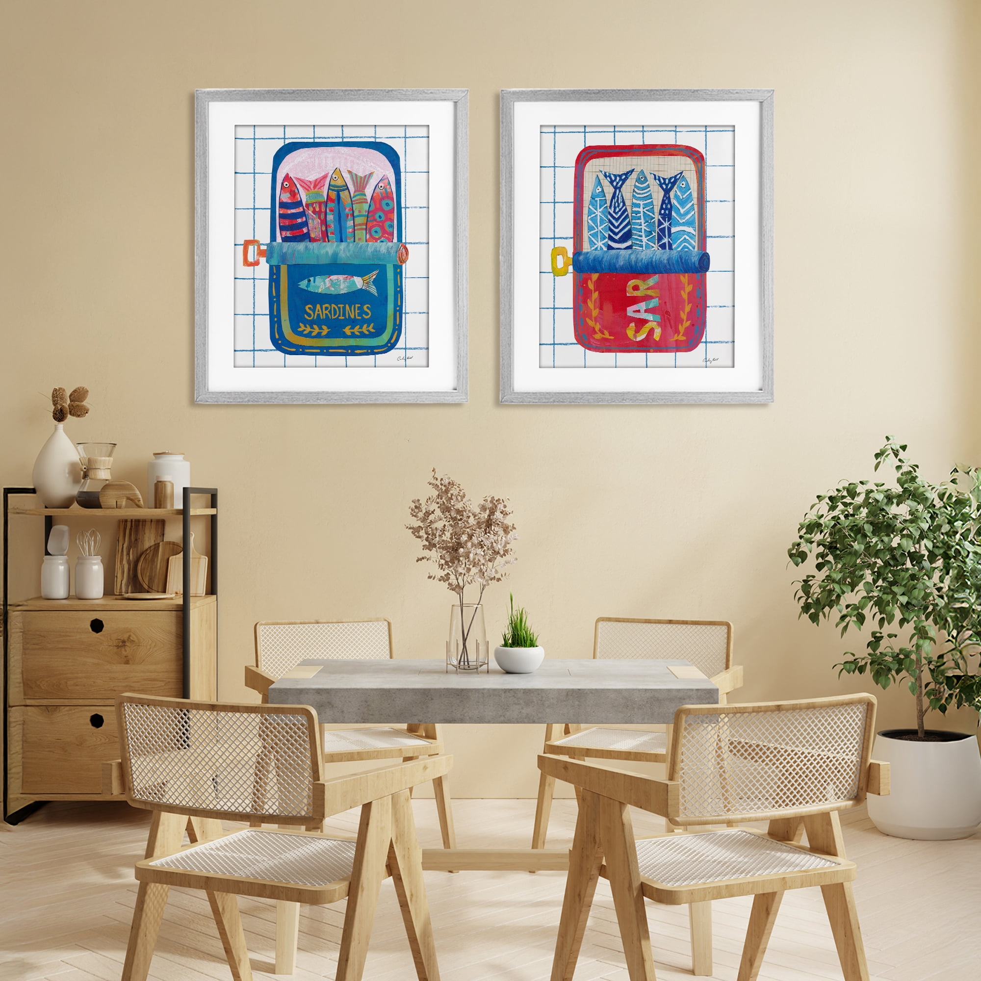 Stupell Industries Whimsical Silly Sardines 2 Piece Gray Framed Print Under Glass Set, design by Courtney Prahl