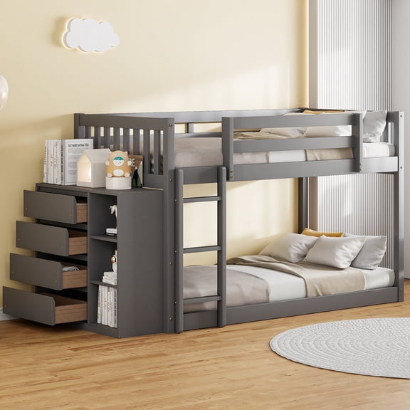 Newboti Furniture Twin over Twin Bunk Bed with 4 Drawers and 3 Shelves-Gray NO.88346