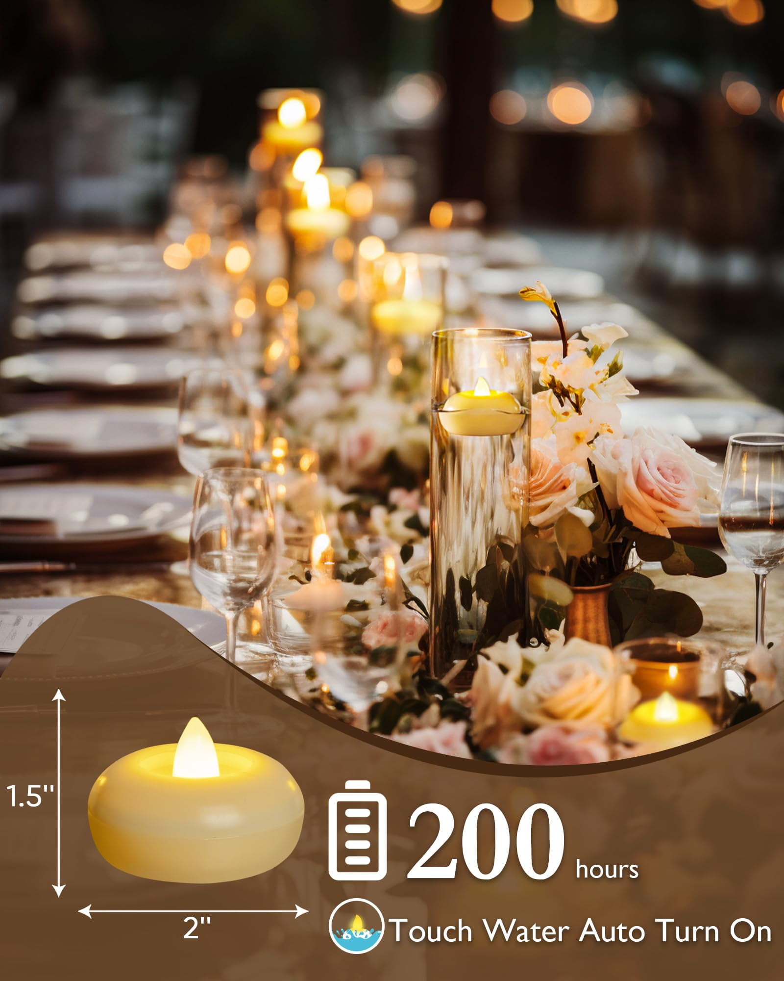 Amagic 24Pack 2” Flameless Led Floating Candles, Ivory Base,200 Hour Plastic Battery Operated,Flickering Waterproof Tealights