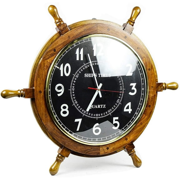 Wooden Clock Ship Wheel (Black Numeric Dial) - 18 Inches