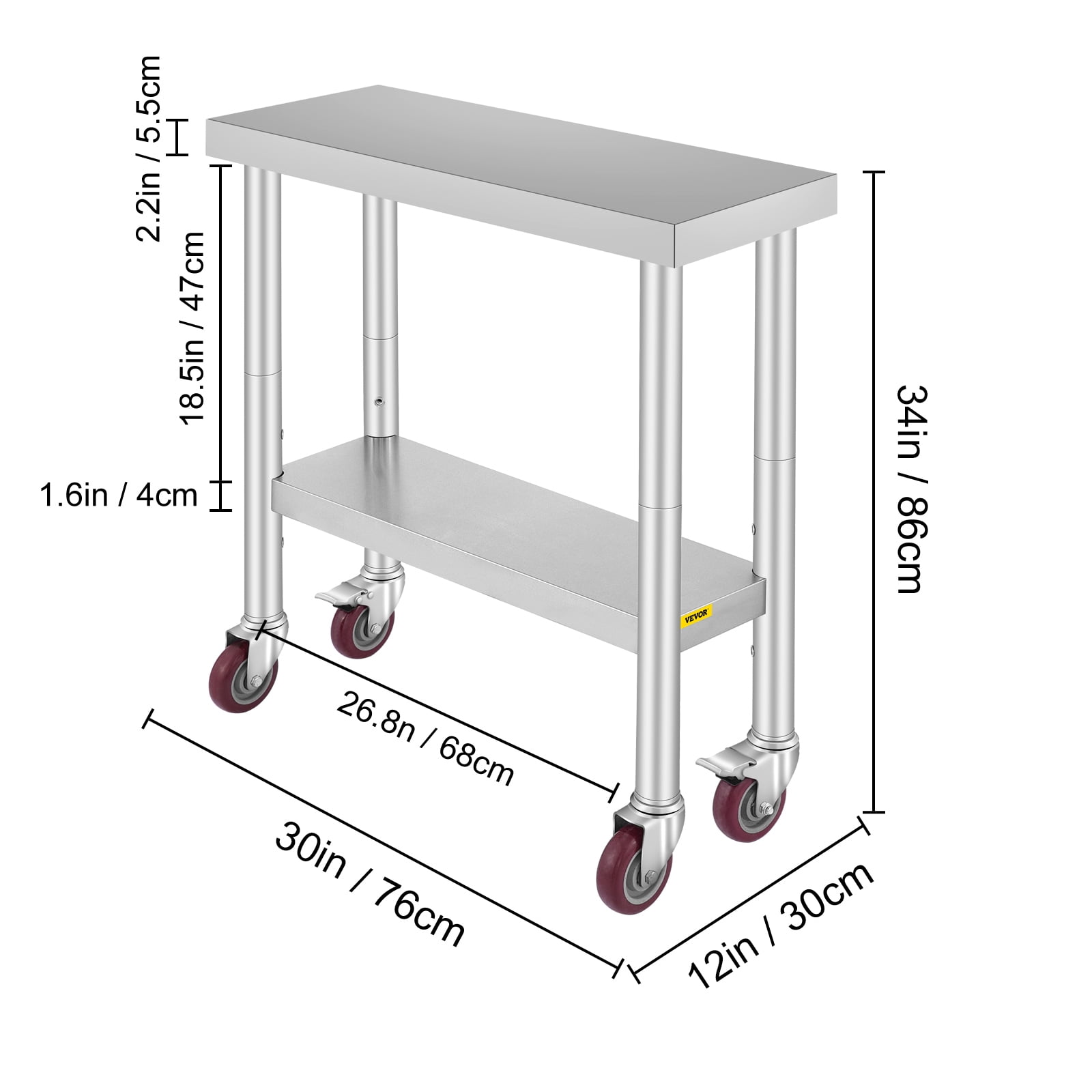 VEVORbrand 30 x 12 x 34 Inches Stainless Steel Work Table 3-Stage Adjustable Shelf with 4 Wheels Heavy Duty Commercial Food Prep Work Table with Brake for Kitchen
