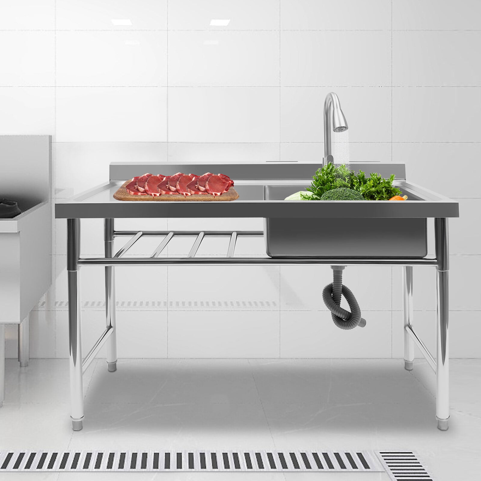 Commercial Sink Stainless Steel Freestanding Kitchen Sink with Prep Table Kitchen Single Bowl Sink with 360°Faucet Drain for Kitchen Bar Cafe, 47 * 23 * 31inch