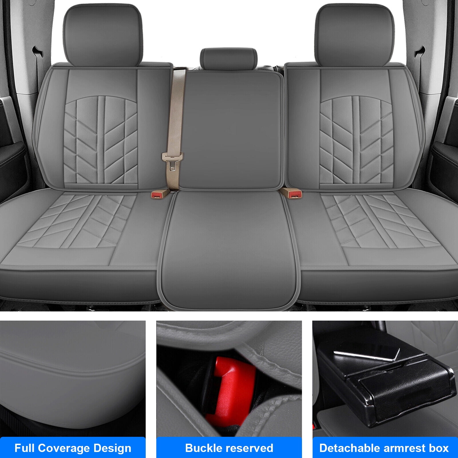 FANOTEK Gray, PU Leather, Cushioned, Front Rear Seat Covers