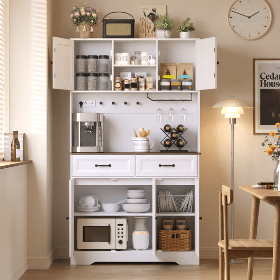 Coffee Bar Cabinet with Charging Station, Lofka 39.3" Coffee Bar with Wine Glass Holder & Hooks, Modern Coffee Station with 5 Doors, 2 Drawers & Adjustable Shelves for Kitchen, Dining Room, Retro