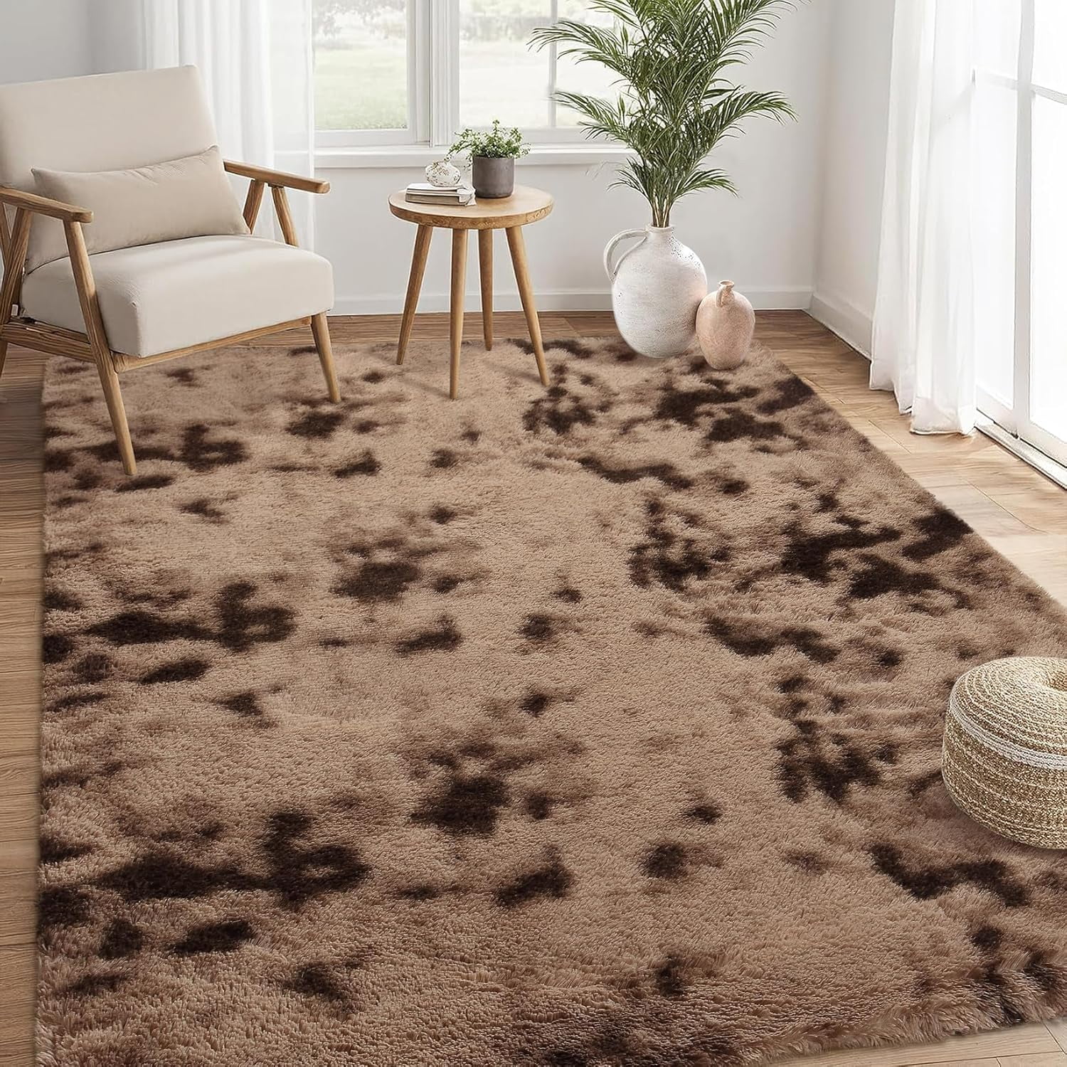 Memoryfield 6' x 9' Area Rug, Tie-Dye Plush Non-Skid Rug, for Bedroom Living Room Nursery, Brown