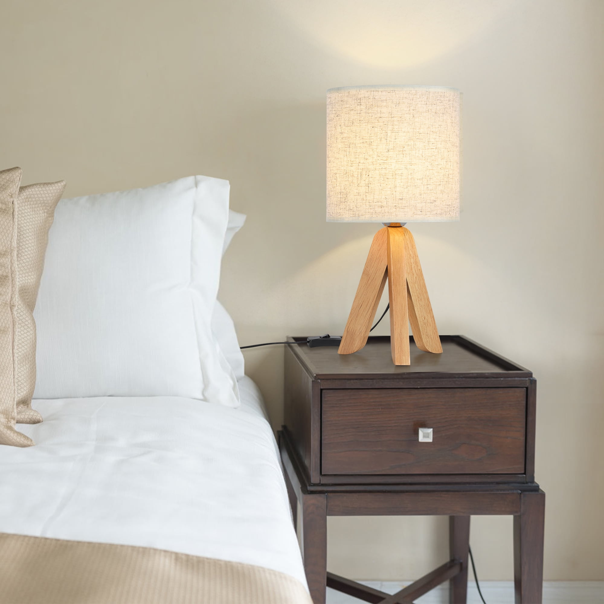 Haitral Small Bedside Table Lamp Wooden Tripod Nightstand Lamp with Fabric Linen Shade