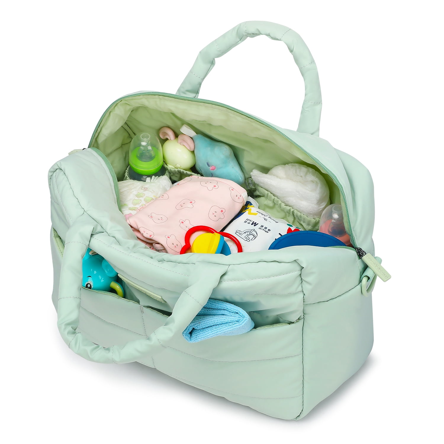 Buzz&Bloom Baby Diaper Bag Tote, Large Capacity Travel, Hospital Bag Functional with Changing Pad and Stroller Attachments (Sage).