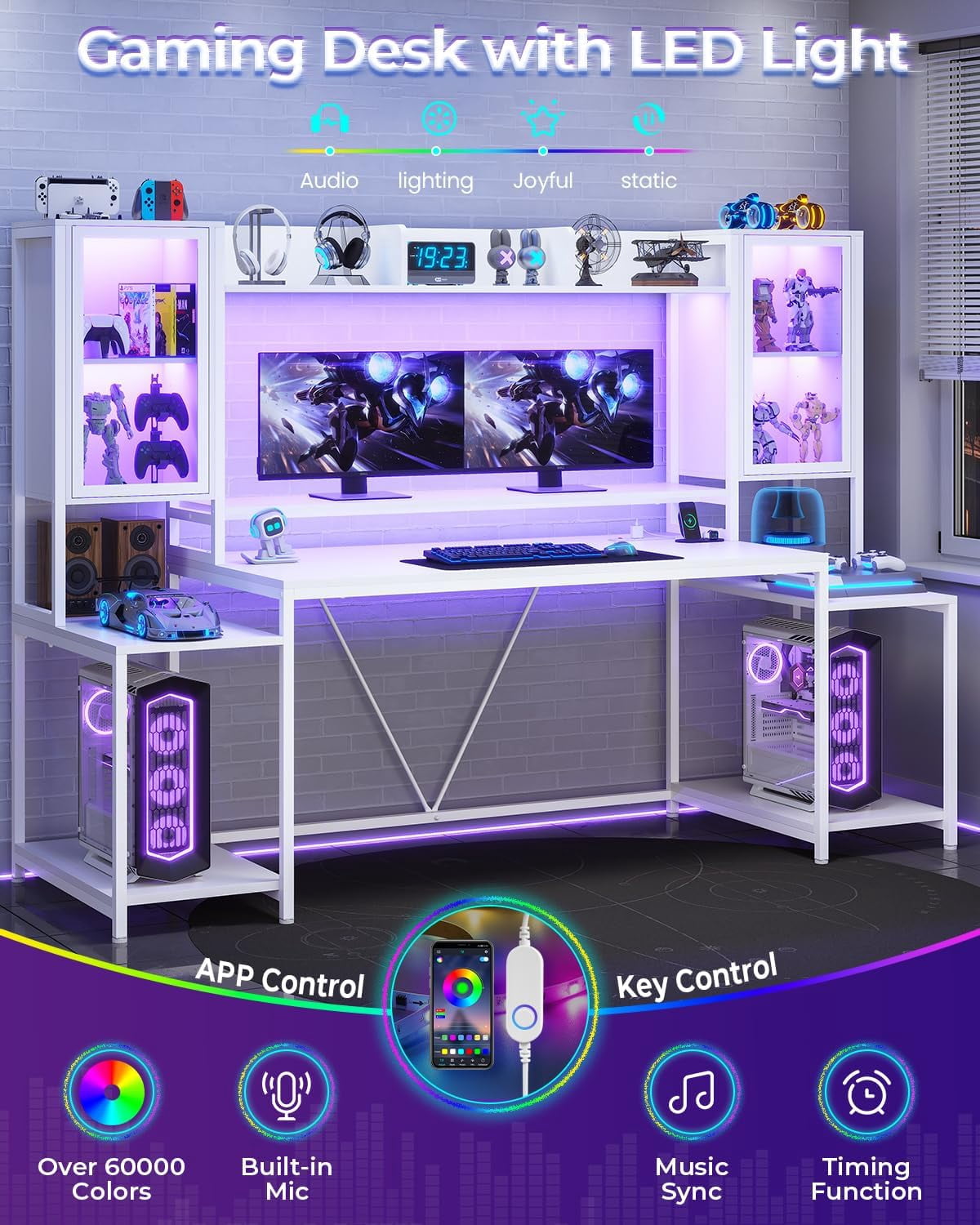 Gaming Desk 74.8'' with LED Lights, Hutch and Storage Shelves, Computer Desk with Monitor Stand, Large PC Gamer Desk Workstation, Ergonomic Gaming Table for Bedroom, Living Room, White