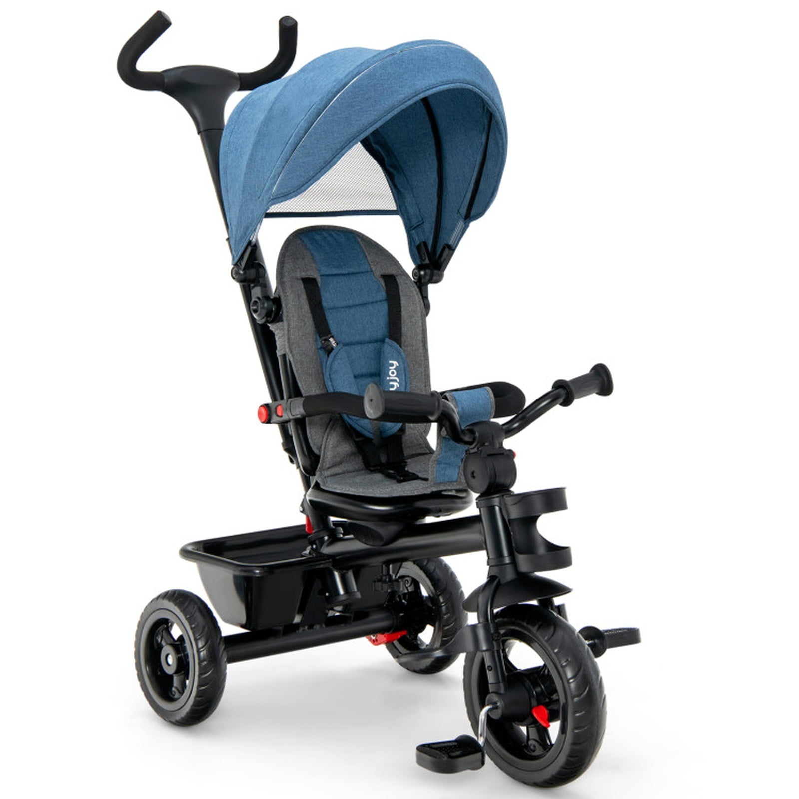 Redsmile 4-in-1 Baby Tricycle for 1.5-5 Years, Toddler Trike with Push Handle & Convertible Reversible Seat, Kids Tricycle with Canopy, 3-Point Harness & Storage Basket for Toddlers, Blue
