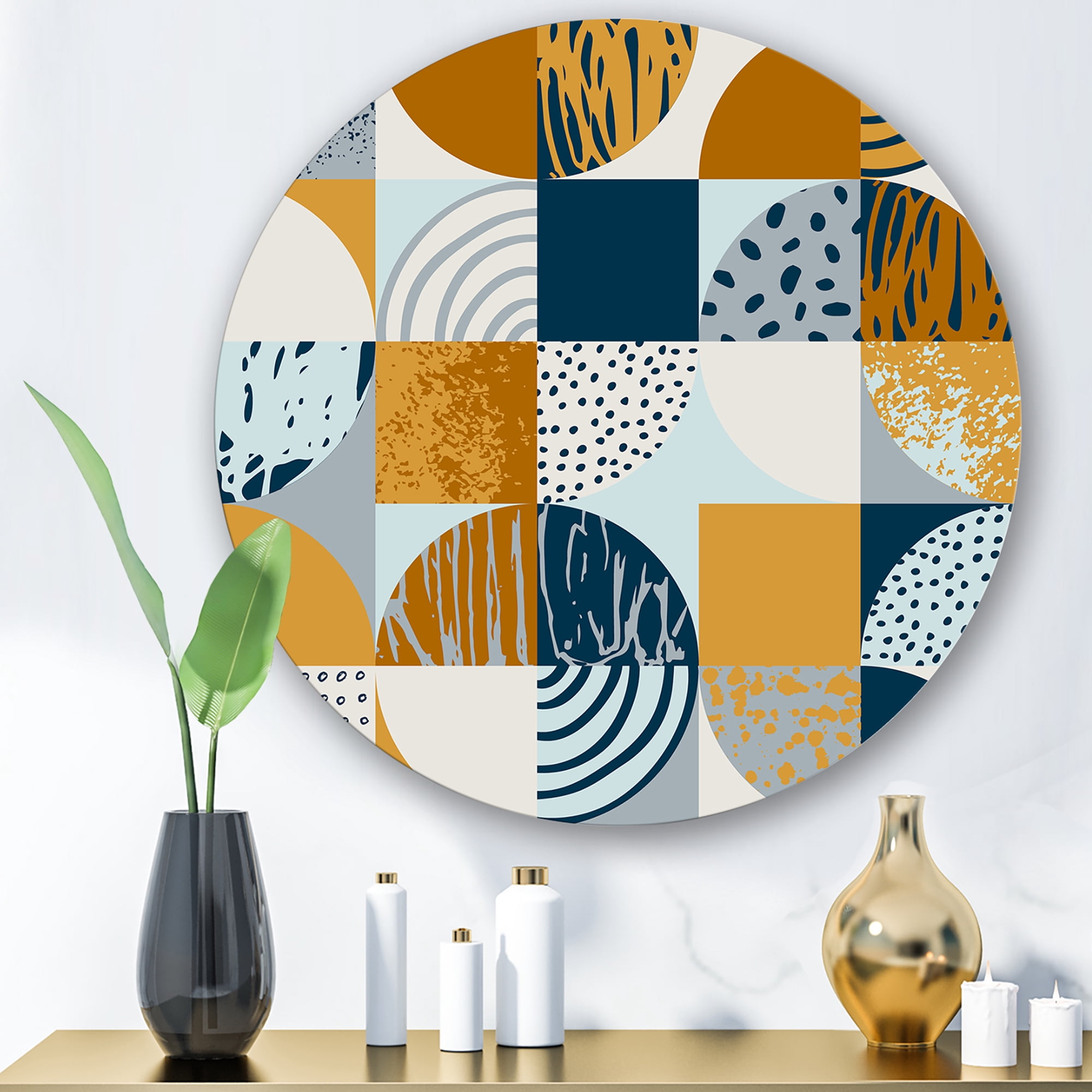 Designart 'Retro Semicircles Squares and Circles' Modern Circle Metal Wall Art 11x11 - Disc of 11