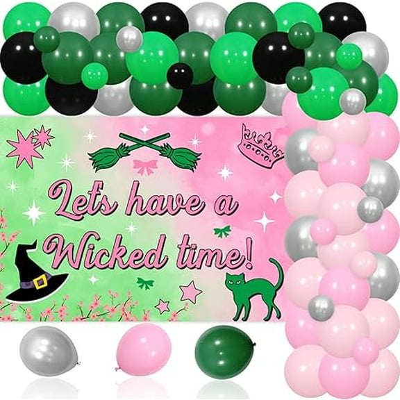 Witch and Princess Party Decorations Let's Have A Wicked Time Backdrop with Pink and Green Balloon Garland Arch Kit for Girls Birthday Party Supplies