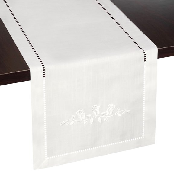 Rose Embroidery Spring Table Runner Farmhouse Decor Off-White Ivory 13 x 54 Polyester Linen