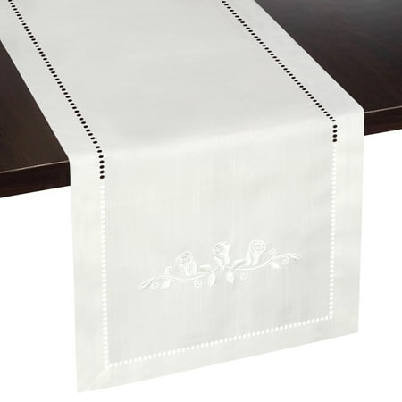 

Rose Embroidery Spring Table Runner Farmhouse Decor Off-White Ivory 13 x 54 Polyester Linen