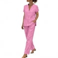 thumbnail image 2 of YanHoo Cotton Linen Sets for Women 2 Piece Summer Outfits Short Sleeve V Neck Top Wide Leg Pants Matching Casual Set, 2 of 7