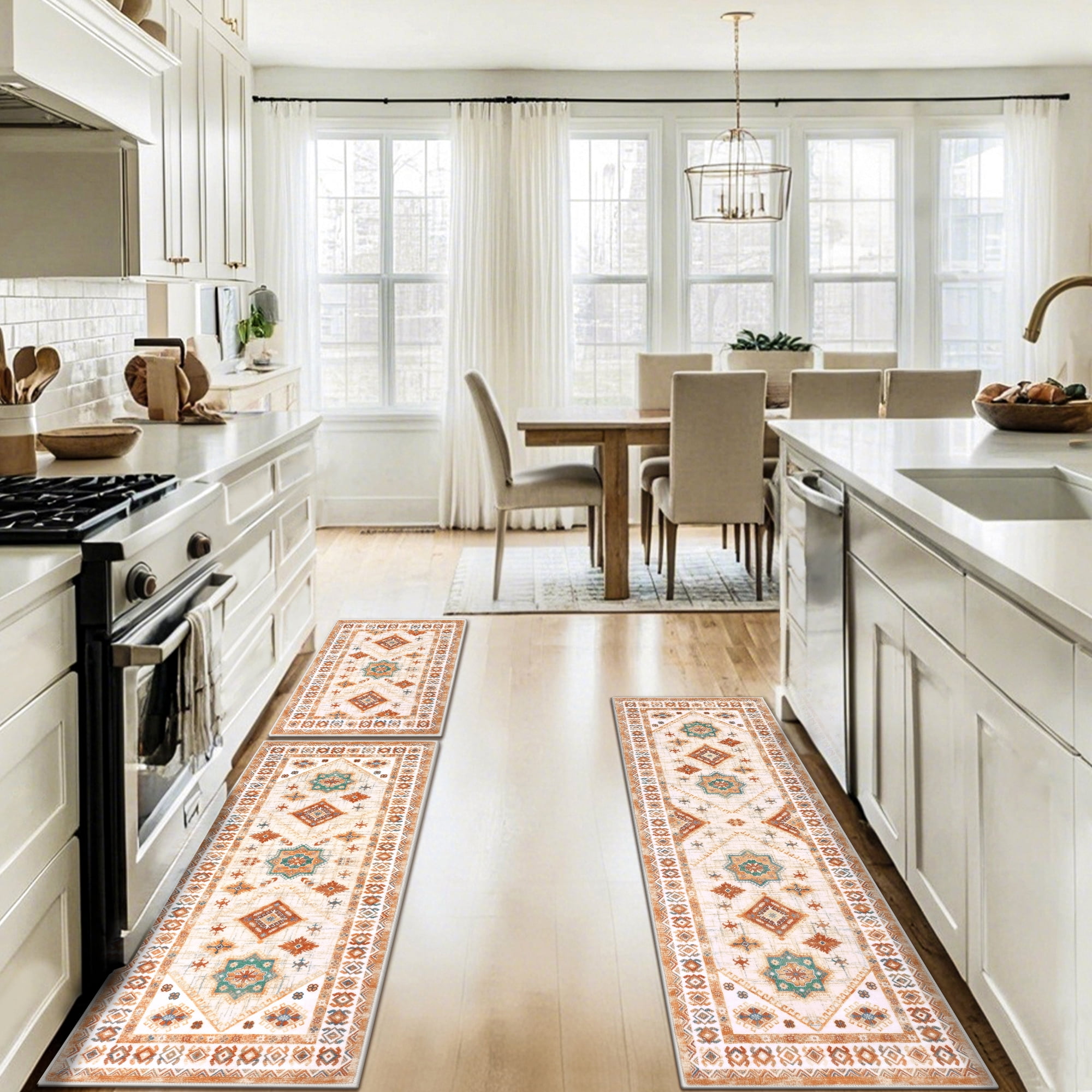 MeyJey Vintage Kitchen Rug Set, 3 Piece Non-Slip Kitchen Mat Machine Washable Runner Rug for Home Floor and Living Room, Beige/Orange