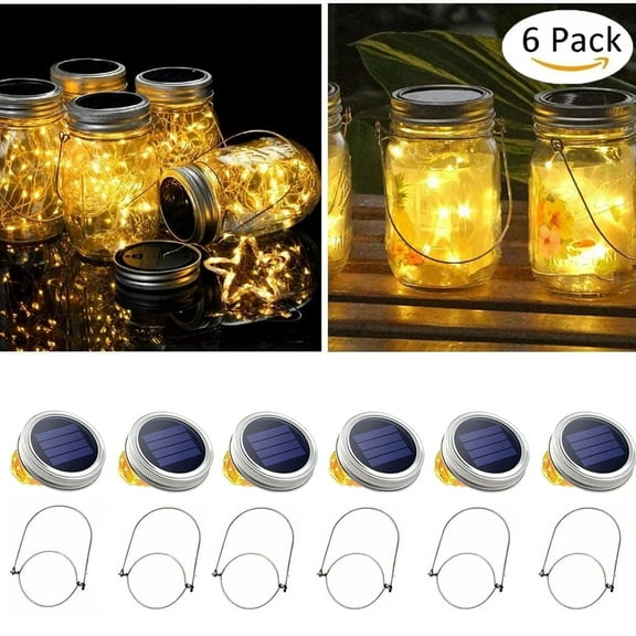 Jowenia Solar Mason Jar Lids String Lights, 6 Pack 30 LEDs Solar Fairy Lights with Hangers, Waterproof Outdoor Hanging Lights Lanterns Patio Yard Garden Wedding Decoration - Warm White
