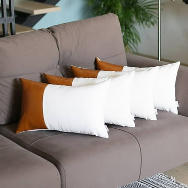 Boho Set of 4 Handcrafted Decorative Throw Pillow Cover Vegan Faux Leather Solid 12" x 20" Brown & Ivory Lumbar for Couch, Bedding